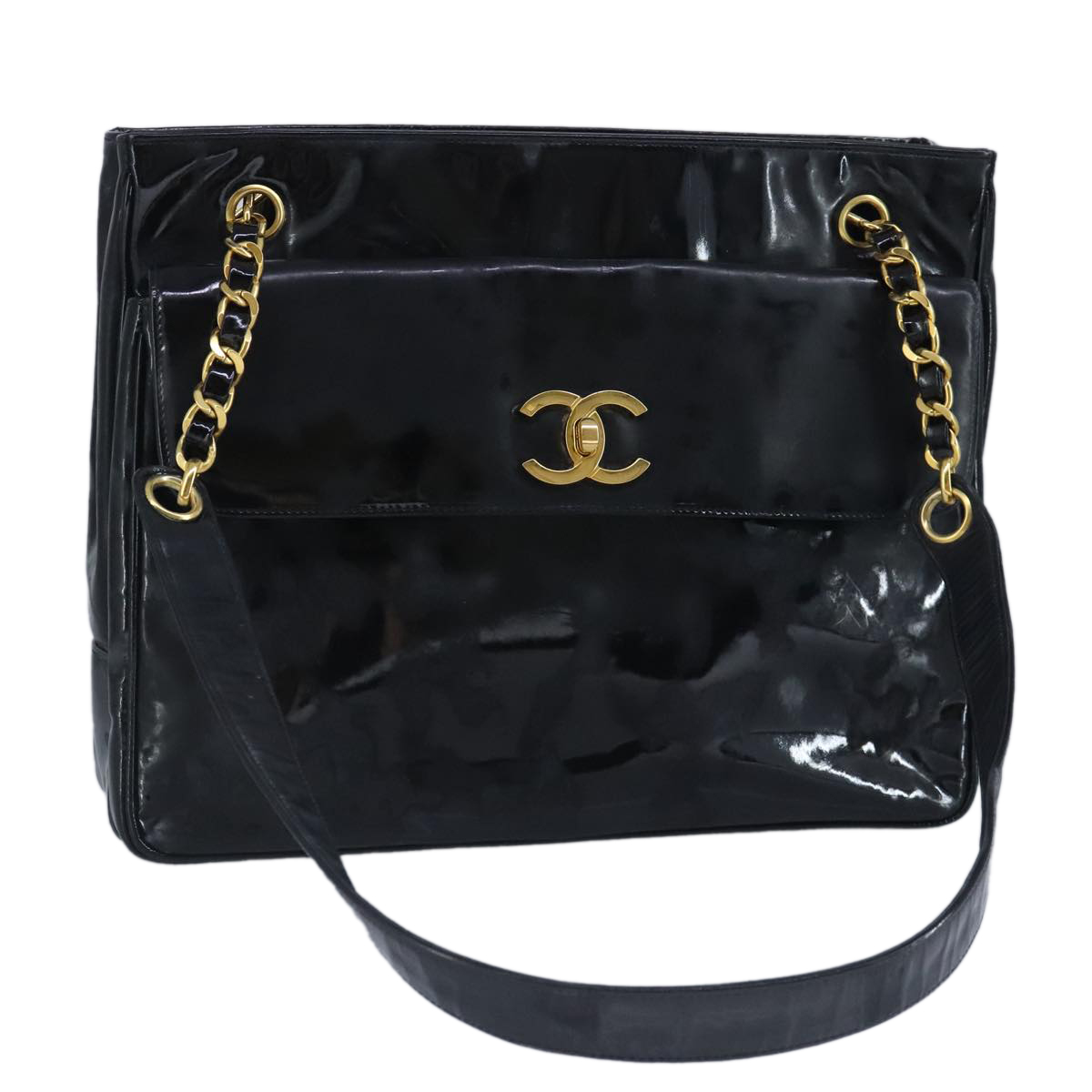 CHANEL Chain Tote Bag Patent leather Black Gold CC Auth 97057