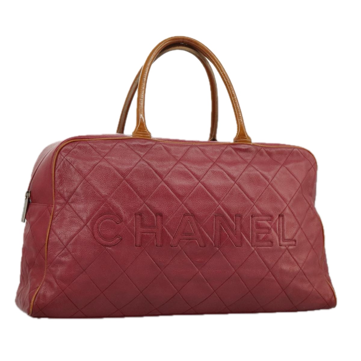 CHANEL Matelasse Boston Bag Grained Calf Skin Red CC Auth 97743 | eBay
