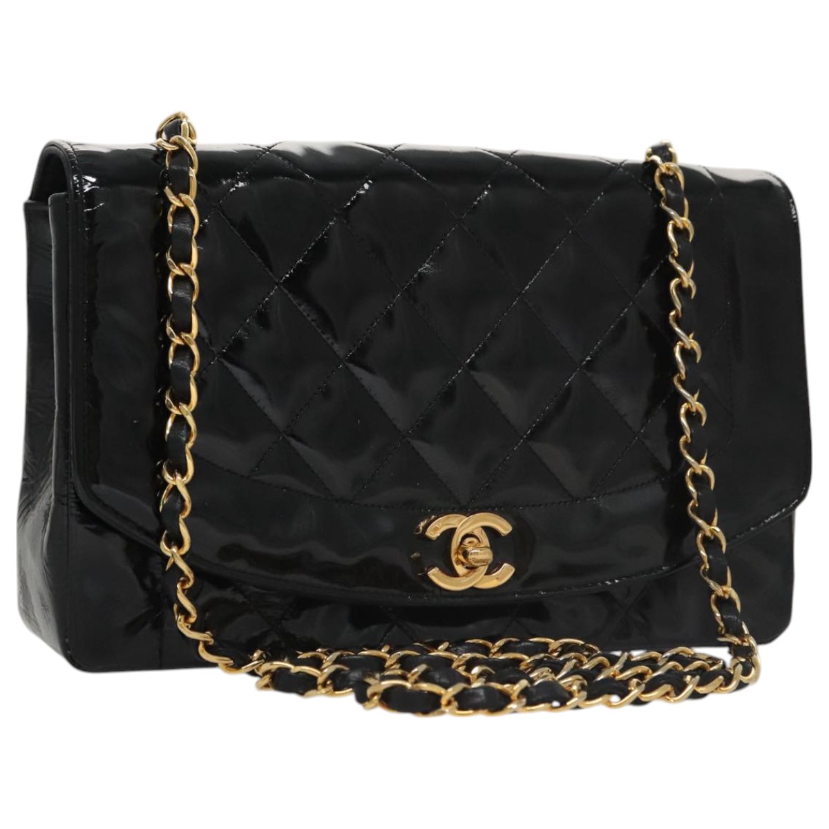 CHANEL Matelasse 25 Chain Diana Shoulder Bag Patent Black Gold CC Auth 99928