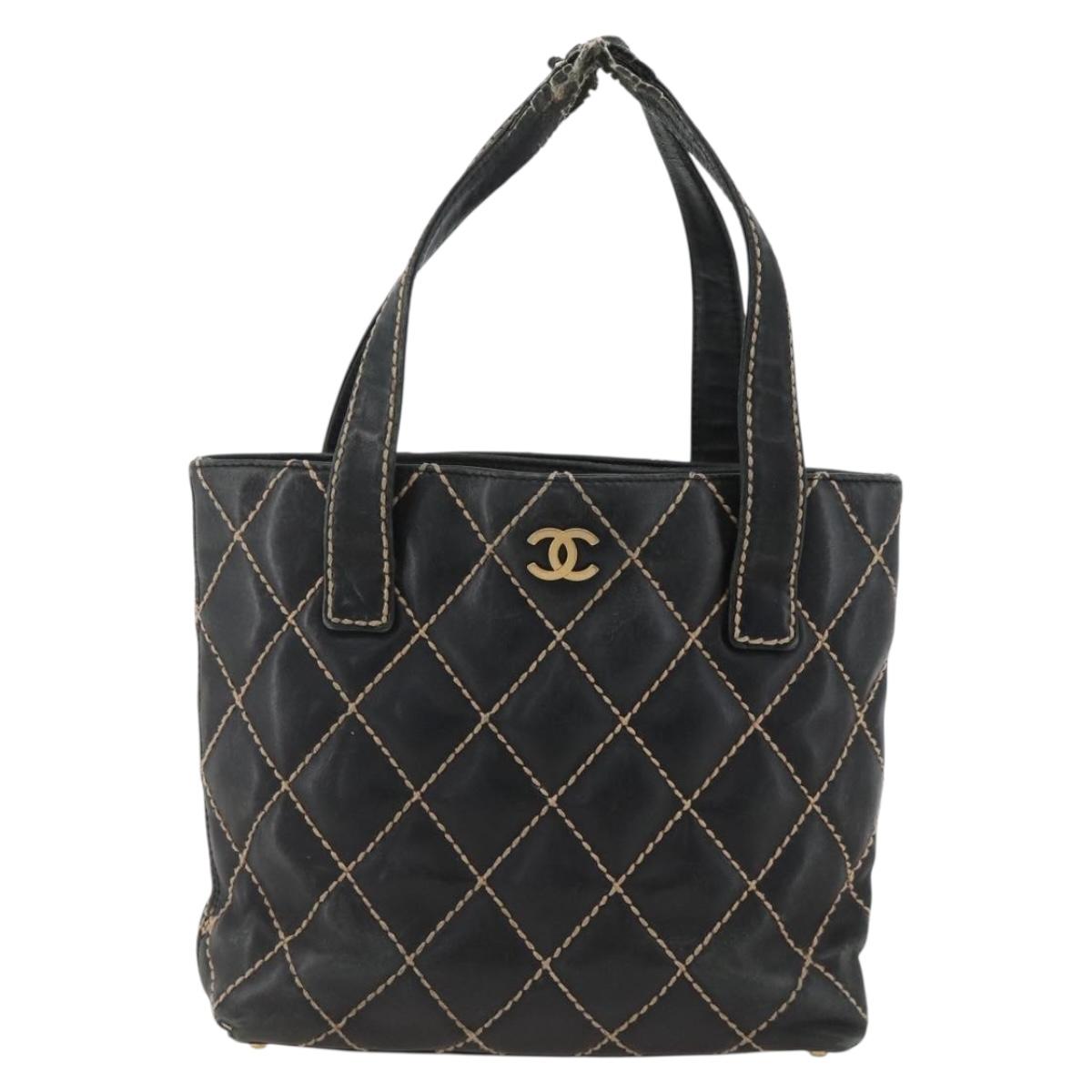CHANEL Matelasse Wild stitch Tote Bag Leather Black Gold CC Auth