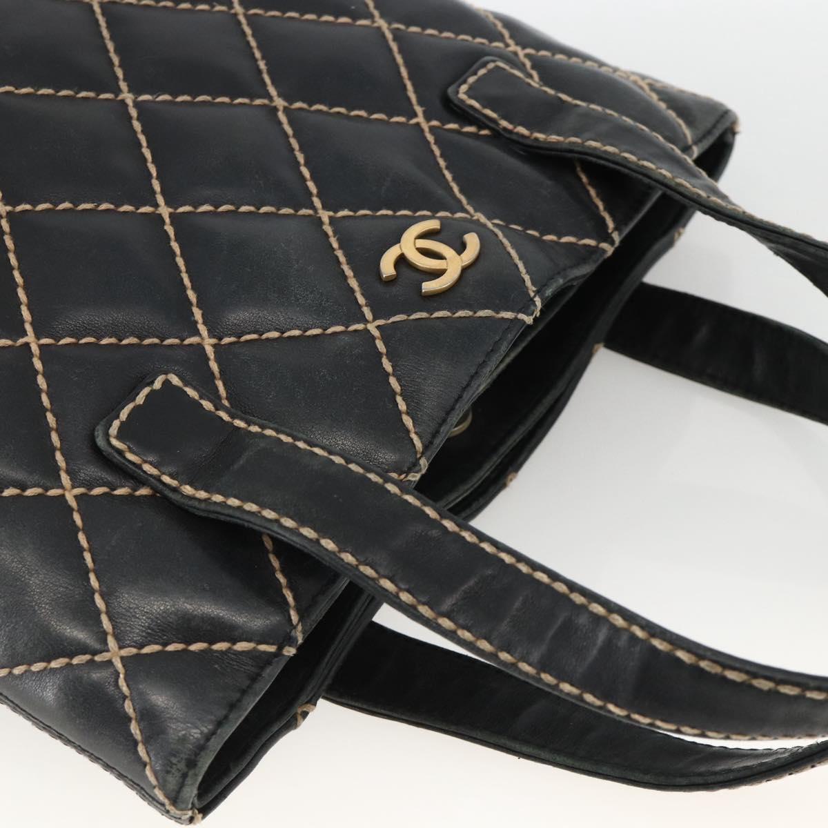 CHANEL Matelasse Wild stitch Tote Bag Leather Black Gold CC Auth