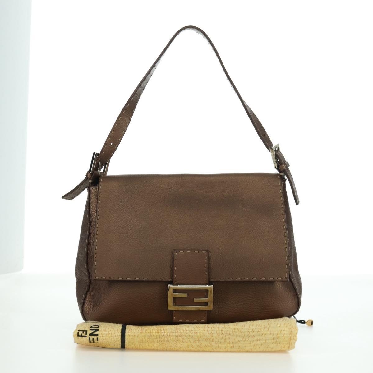 FENDI Mamma Baguette Selleria Shoulder Bag Leather Brown Silver