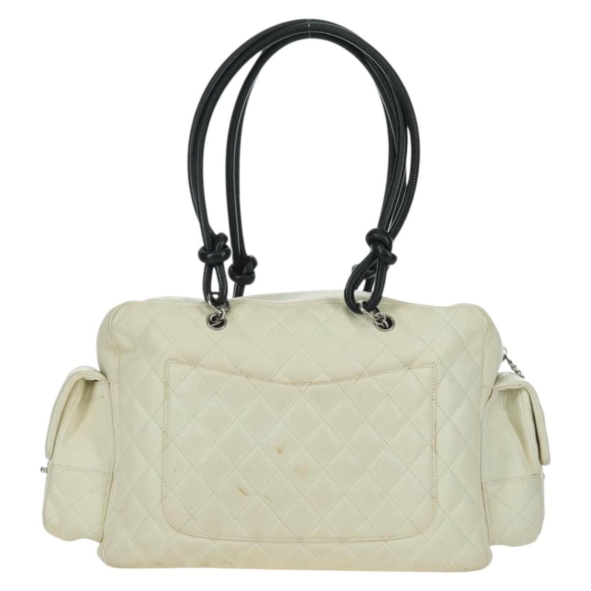 CHANEL Cambon Line Matelasse Hand Bag Leather White Silver CC Auth