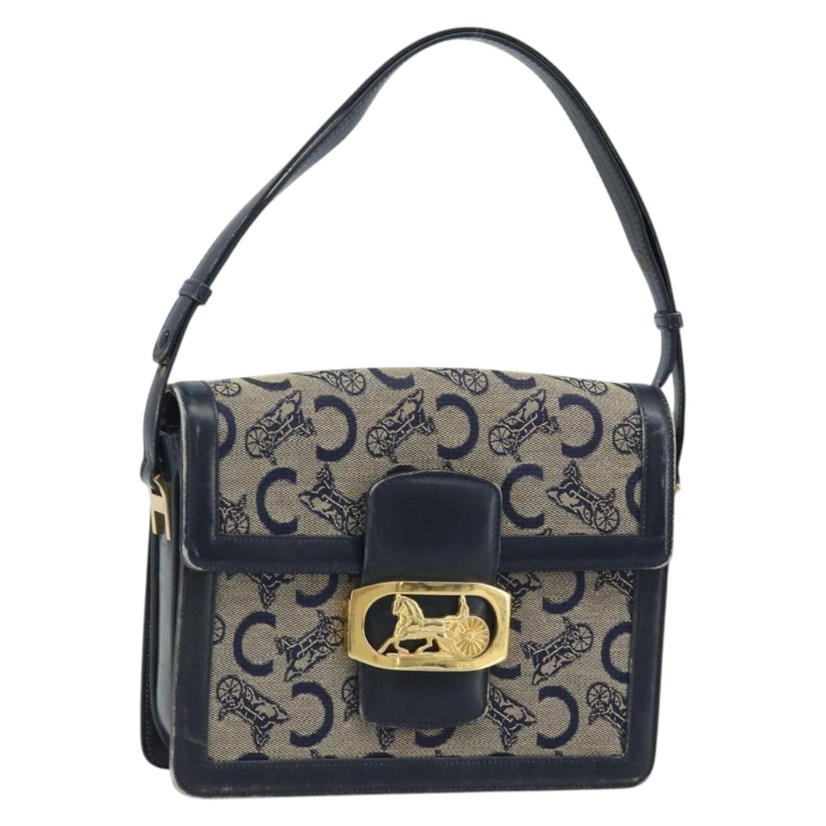 CELINE C Sulky Horse Carriage Shoulder Bag Canvas Navy Gold Auth