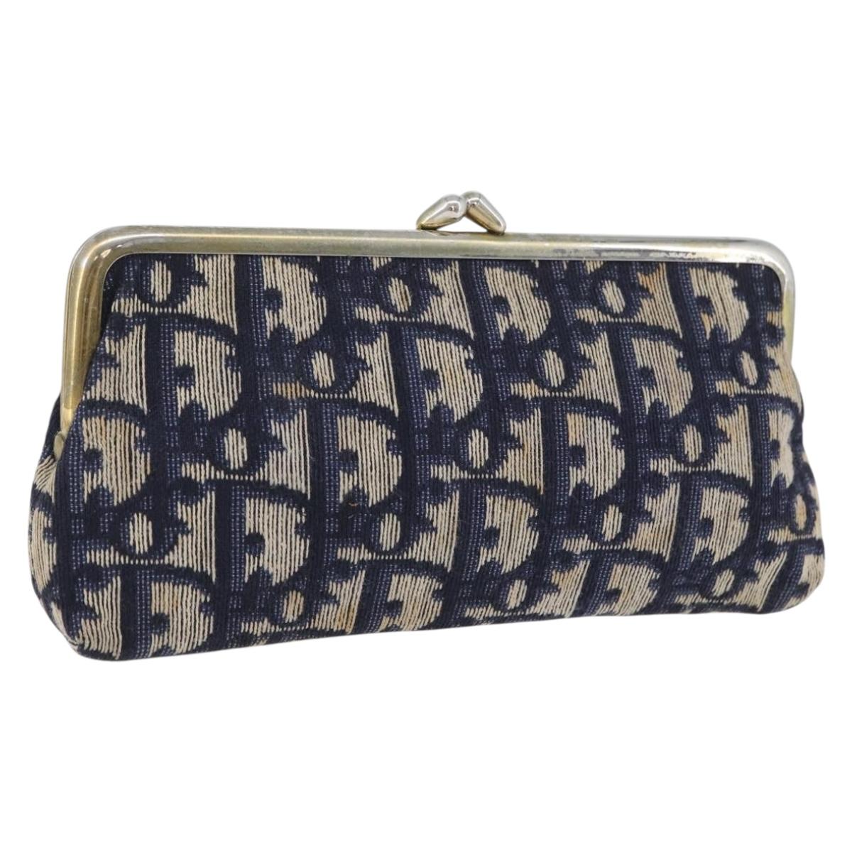 Christian Dior Trotter Canvas Gamaguchi Pouch Navy Gold Auth