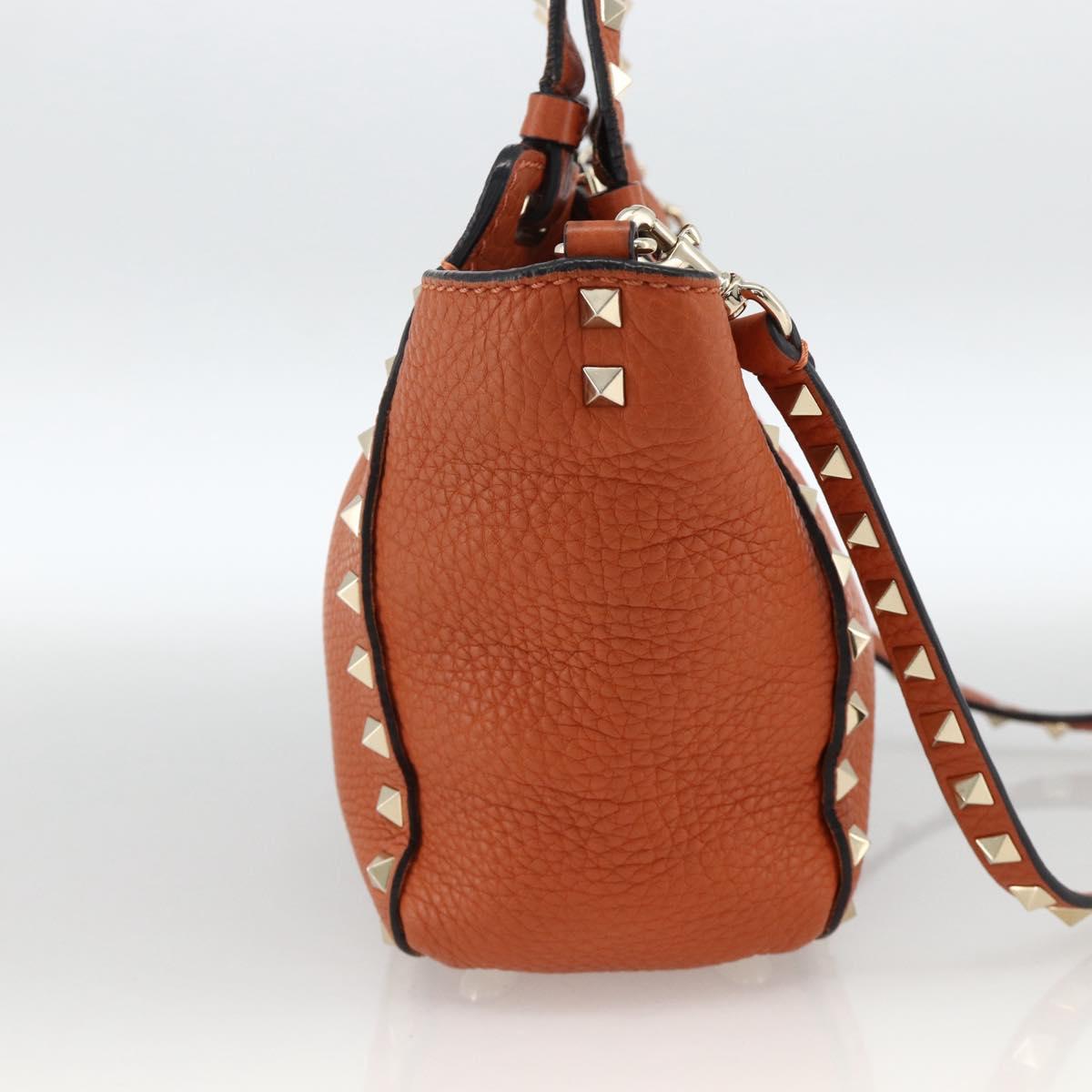 VALENTINO Studs Hand Bag Leather 2way Gold Orange brown Auth