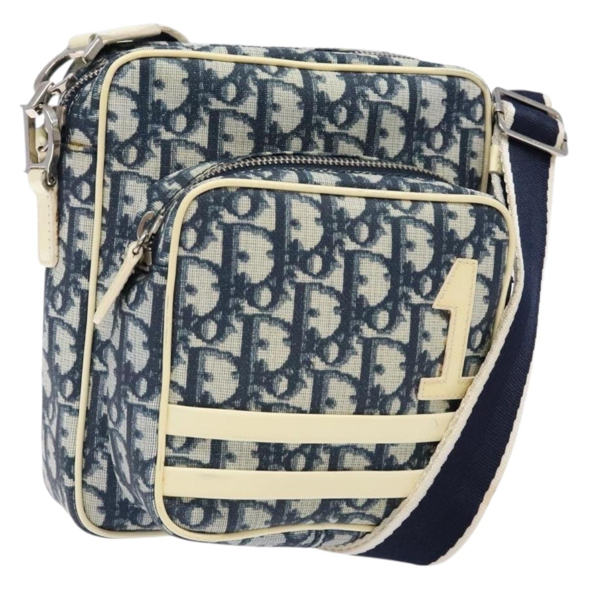 Christian Dior Trotter Canvas Shoulder Bag PVC Navy Silver Auth