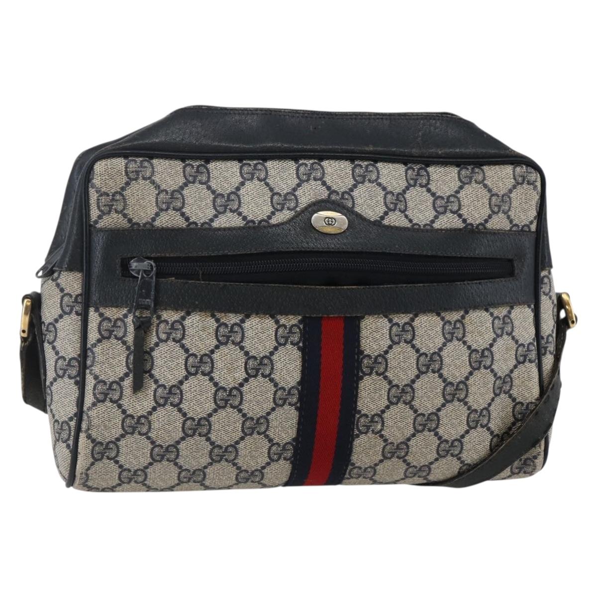 GUCCI GG Canvas Sherry Line Shoulder Bag PVC Leather Navy Red Auth