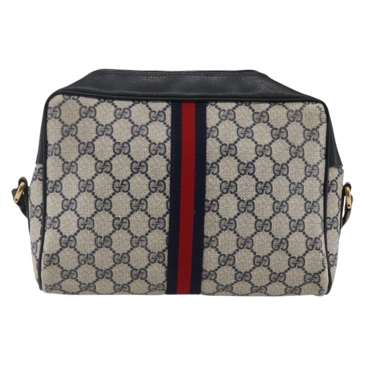 GUCCI GG Canvas Sherry Line Shoulder Bag PVC Leather Navy Red Auth