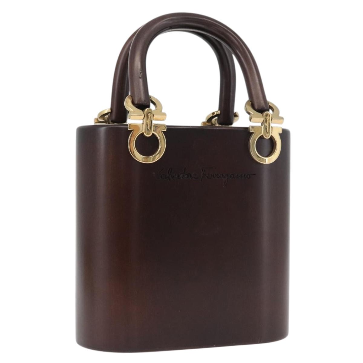 Salvatore Ferragamo Gancini Hand Bag Wood Brown Gold Auth BAZ667V