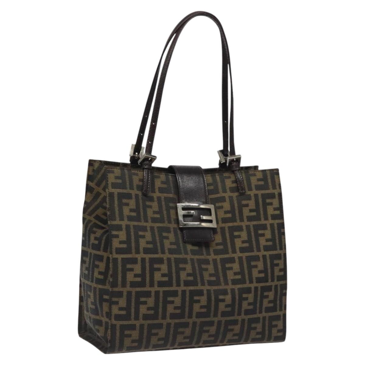 FENDI Zucca Canvas Mamma Baguette Tote Bag Black Brown Silver Auth