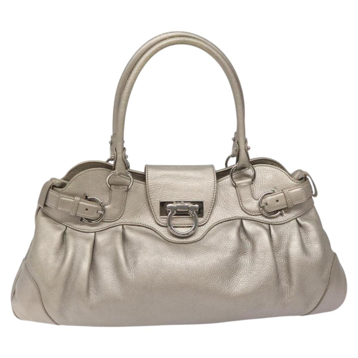 Salvatore Ferragamo Gancini Shoulder Bag Leather Silver Auth