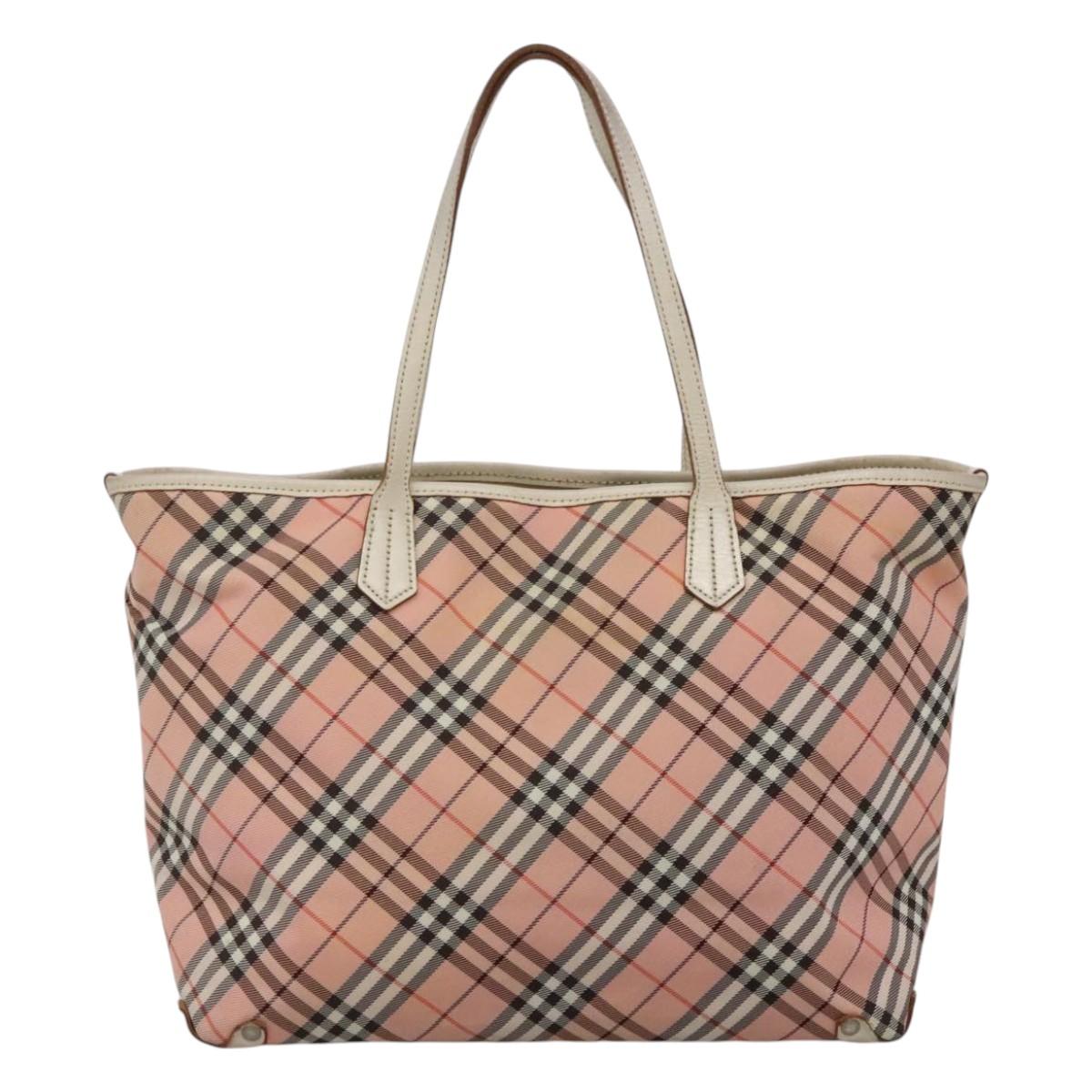 BURBERRY Nova Check Blue Label Tote Bag Nylon Pink White Silver