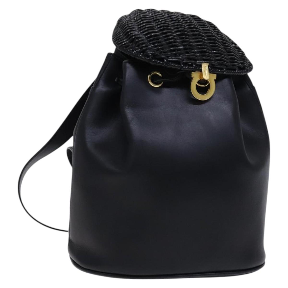 Salvatore Ferragamo Backpack Leather Black Gold Auth KD177  display picture 1