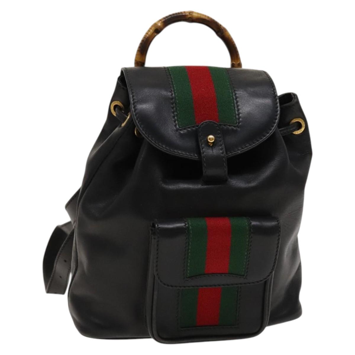 GUCCI Bamboo Web Sherry Line Backpack Leather Black Gold
