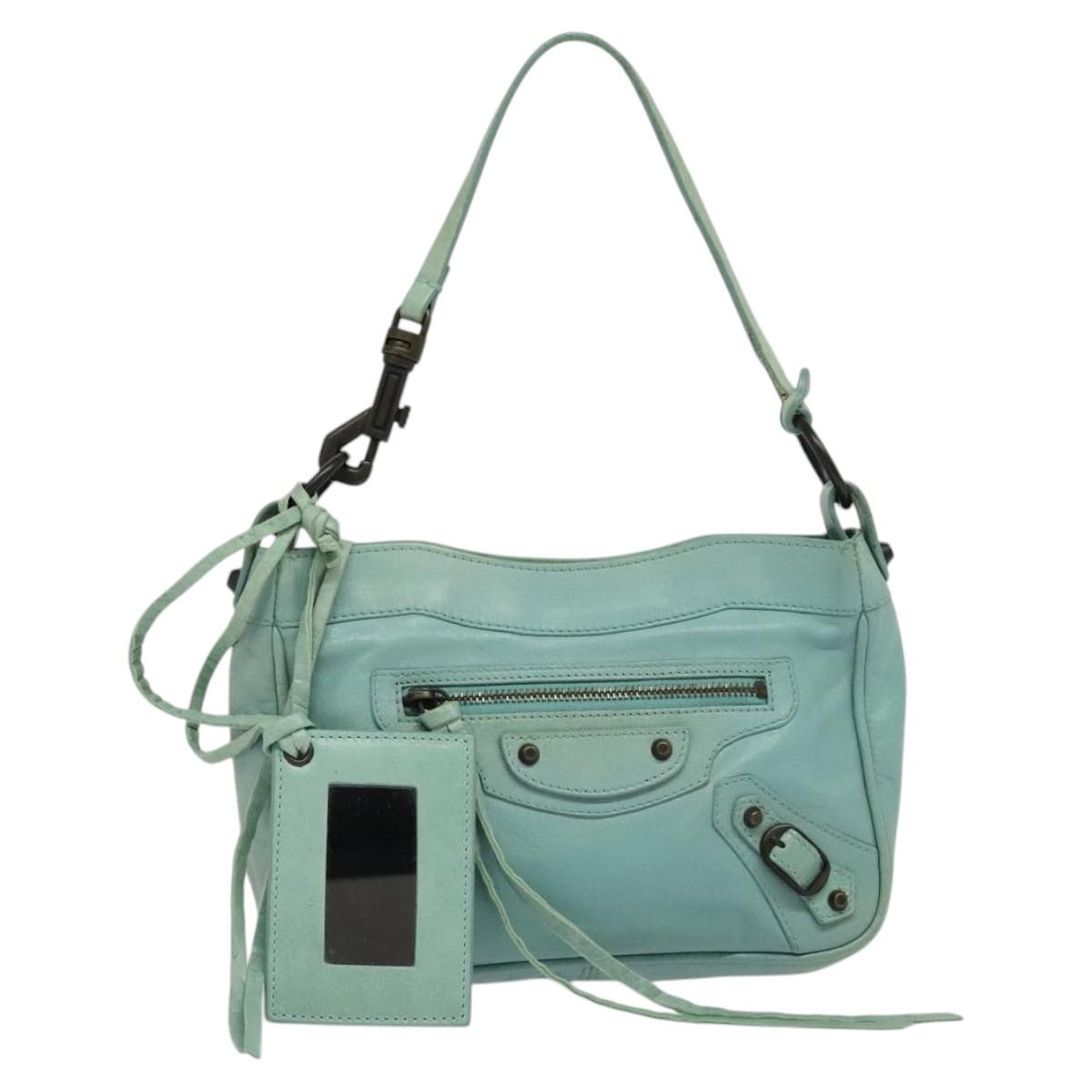 BALENCIAGA The Shoulder Bag Leather Light Blue 138226 Auth MX037