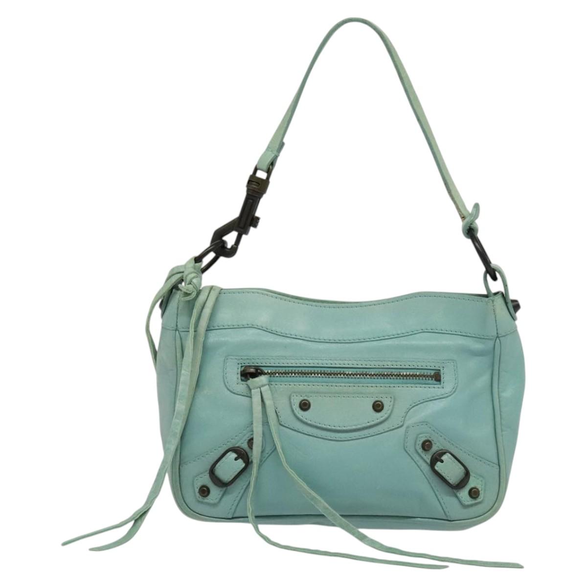 BALENCIAGA The Shoulder Bag Leather Light Blue 138226 Auth MX037