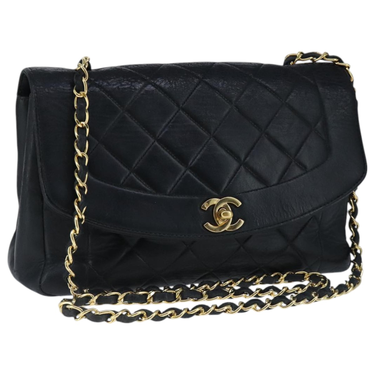 CHANEL Diana 22 Chain Shoulder Bag Lamb Skin Black Gold CC Auth PP016