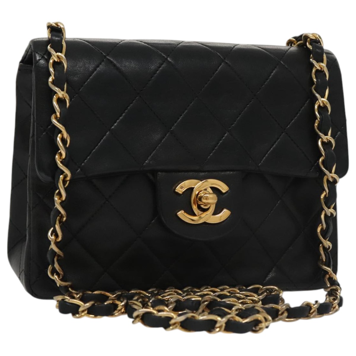 CHANEL Mini Materasse 17 Chain Shoulder Bag Lamb Skin Black Gold CC Auth PP025