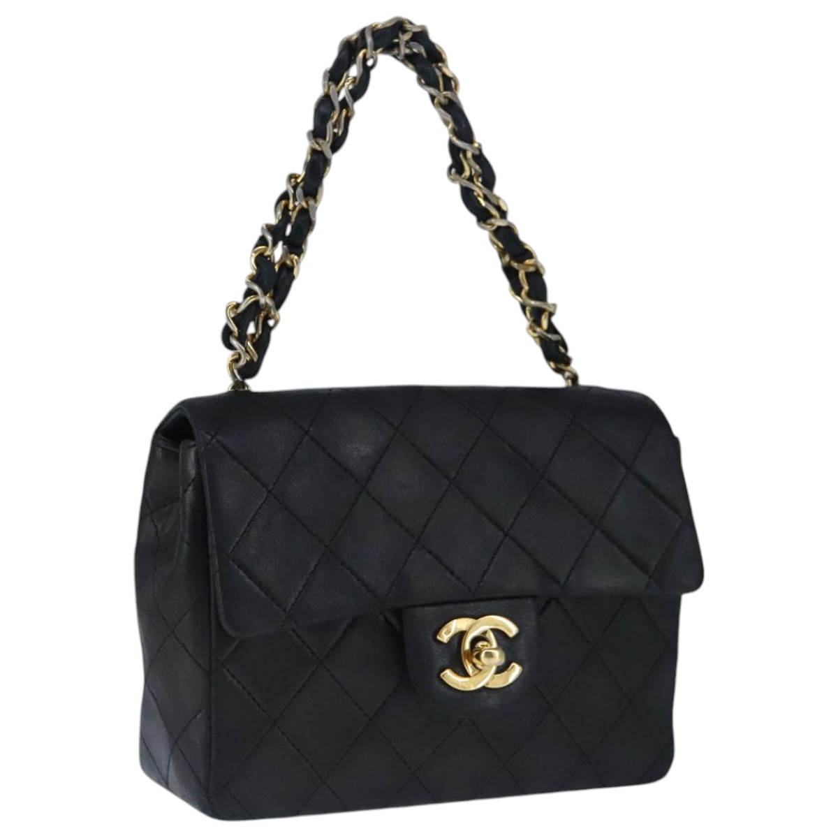 CHANEL Mini Materasse 17 Chain Hand Bag Lamb Skin Black Gold CC Auth PP027