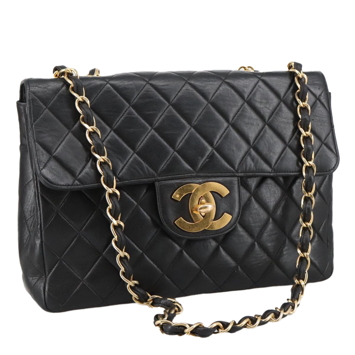 CHANEL Big Matelasse 33 Chain Shoulder Bag Lamb Skin Black CC Auth PP028