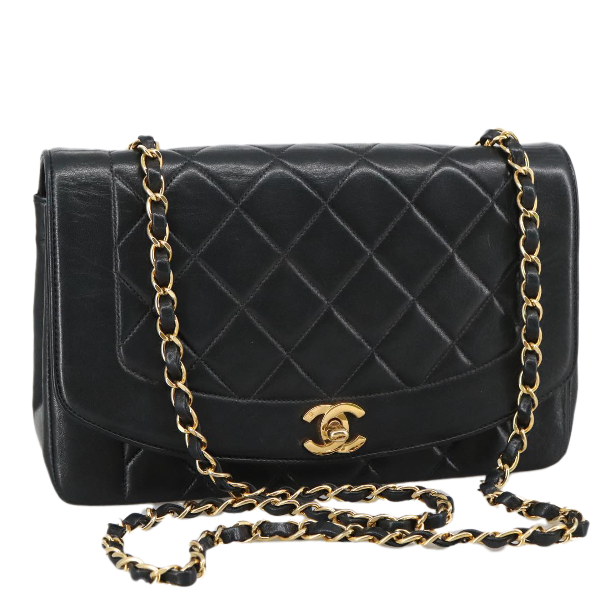 CHANEL Diana 25 Chain Shoulder Bag Lamb Skin Black Gold CC Auth PP030