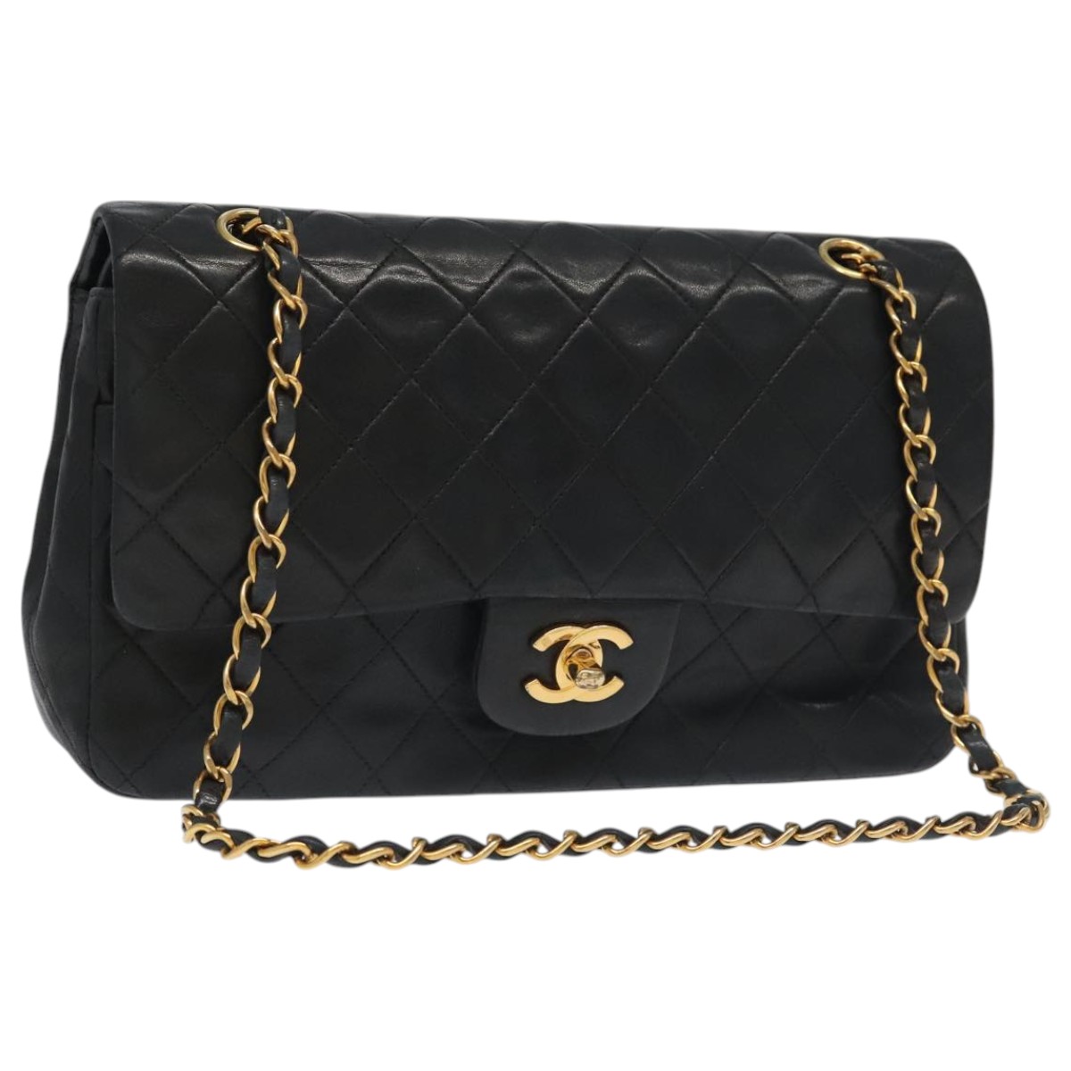 CHANEL Chain Matelasse 25 Shoulder Bag Lamb Skin Black Gold CC Auth PP032A