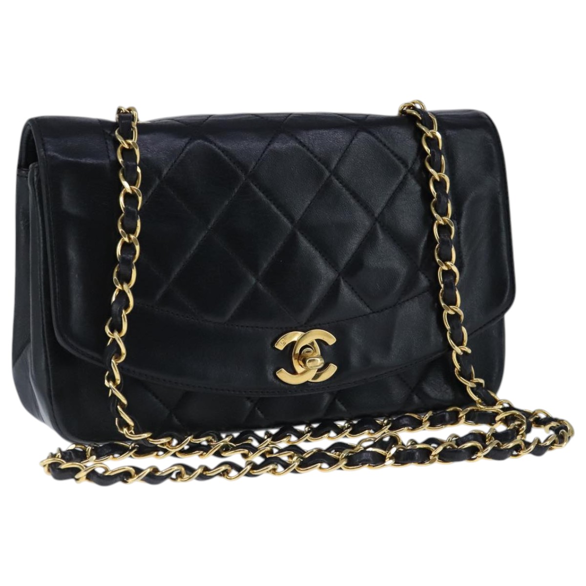 CHANEL Diana 22 Chain Shoulder Bag Lamb Skin Black Gold CC Auth PP035