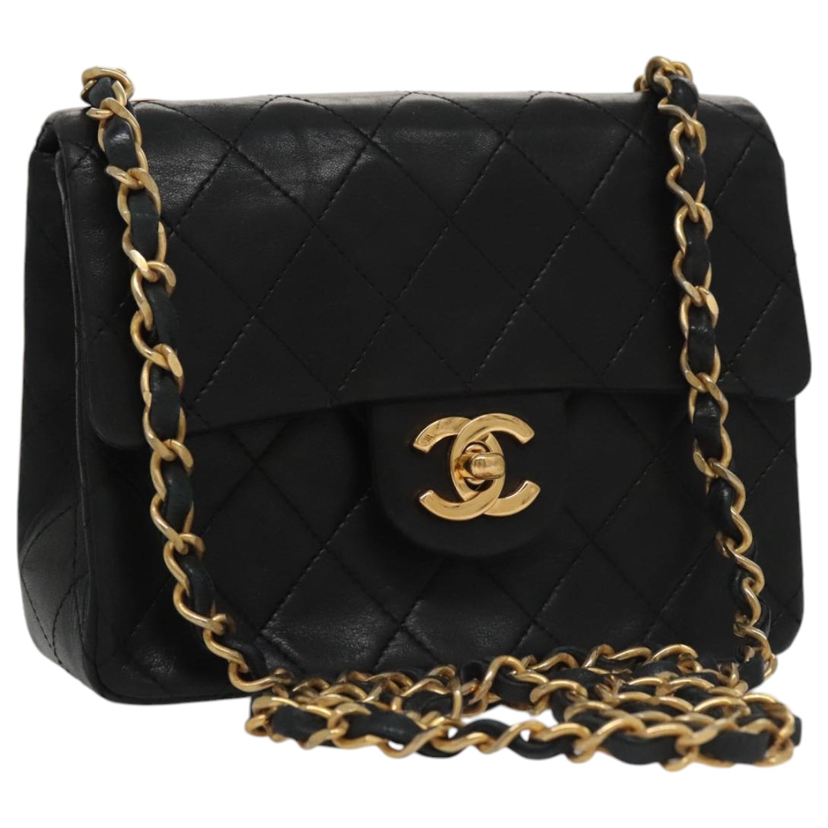 CHANEL Mini Materasse 17 Chain Shoulder Bag Lamb Skin Black Gold CC Auth PP038