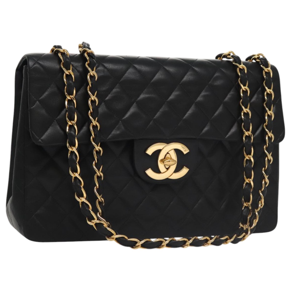 CHANEL Big Matelasse 33 Chain Shoulder Bag Lamb Skin Black CC Auth PP040