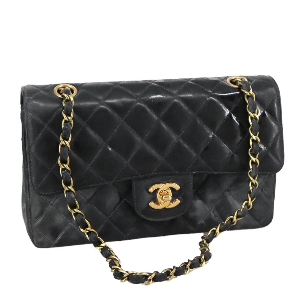 CHANEL Matelasse 23 Chain Shoulder Bag Enamel Black Gold CC Auth PP045