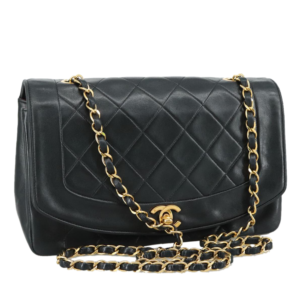 CHANEL Matelasse Chain Shoulder Bag Lamb Skin Black Gold CC Auth PP075