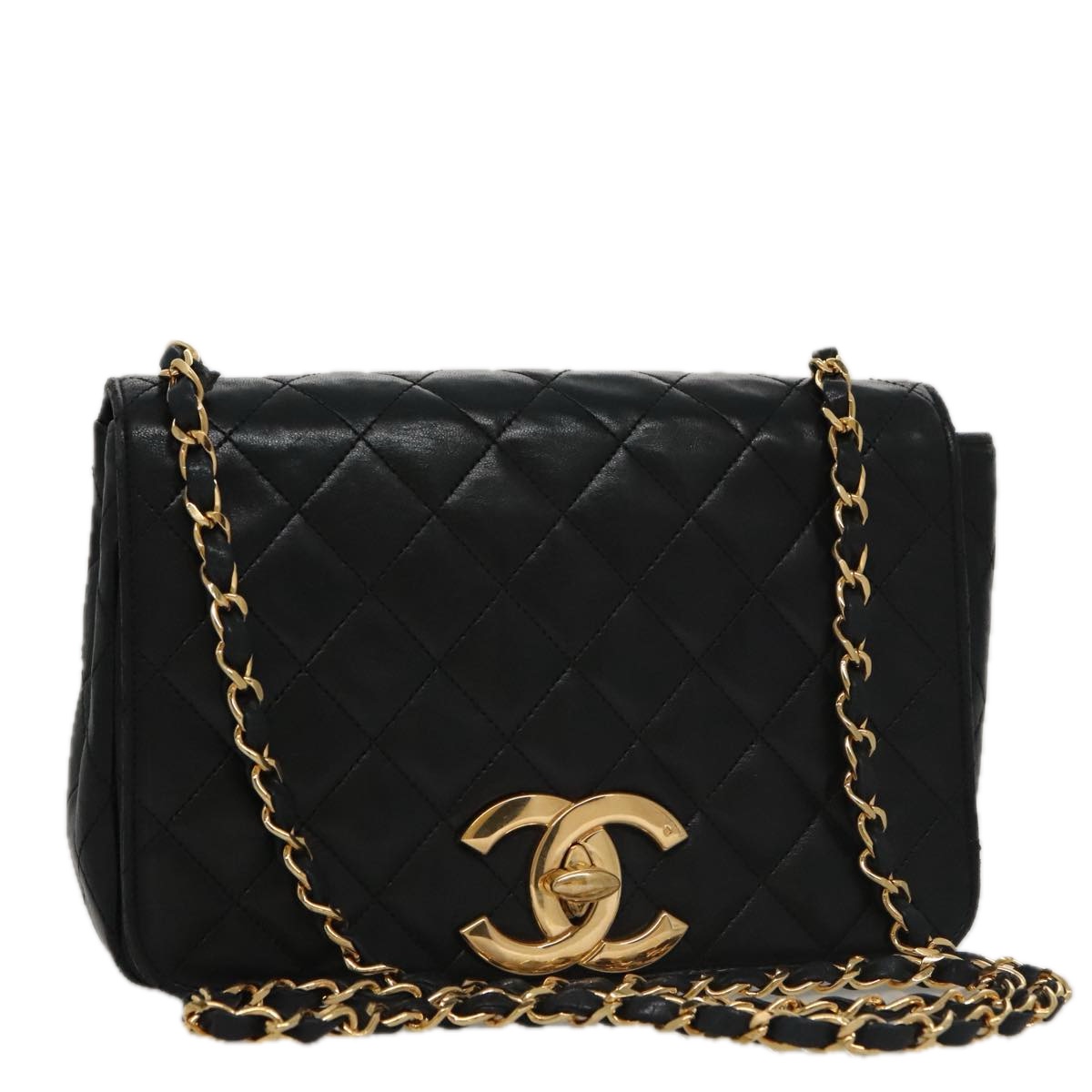 CHANEL Matelasse Chain Shoulder Bag Lamb Skin Black Gold CC Auth PP076