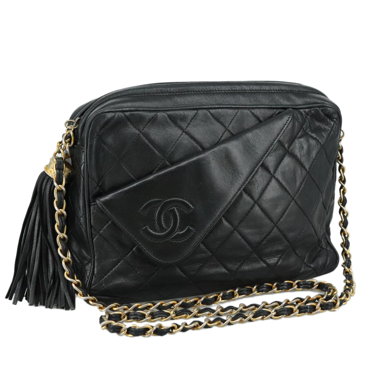 CHANEL Matelasse Chain Shoulder Bag Lamb Skin Black Gold CC Auth PP082