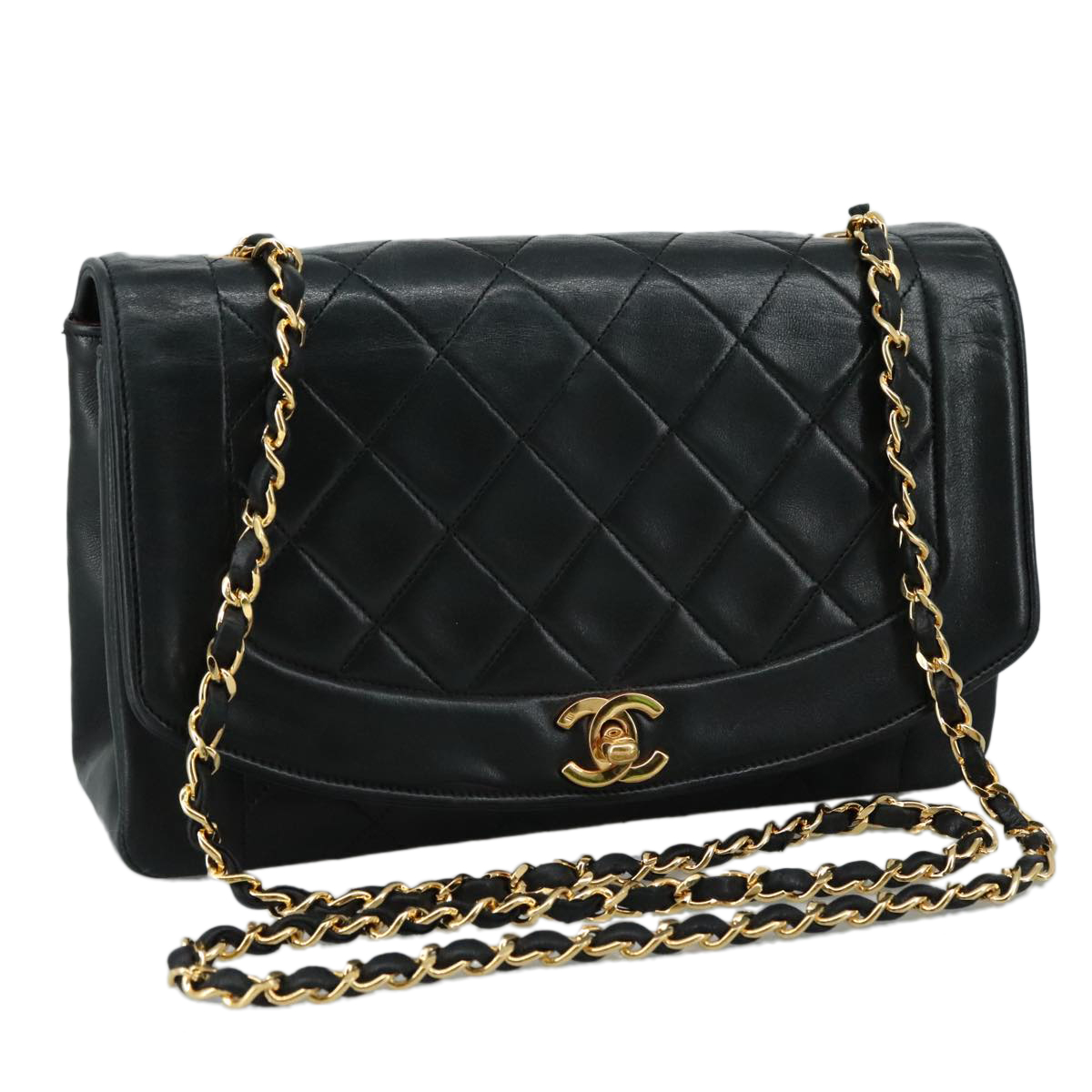 CHANEL Matelasse Chain Shoulder Bag Lamb Skin Black Gold CC Auth PP104A