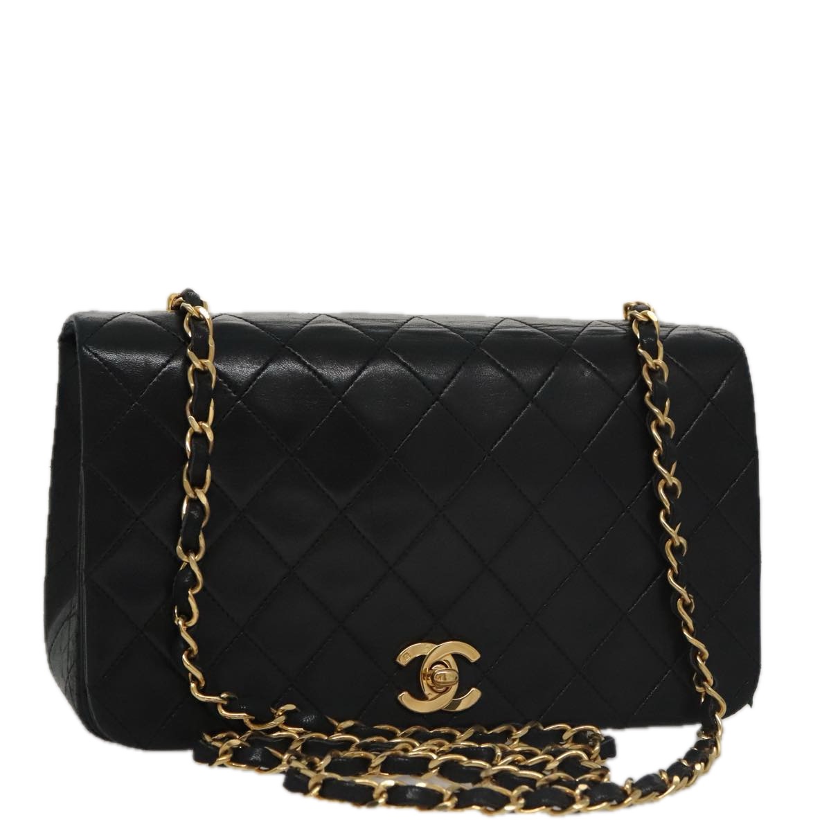 CHANEL Matelasse Chain Shoulder Bag Lamb Skin Black Gold CC Auth PP106A