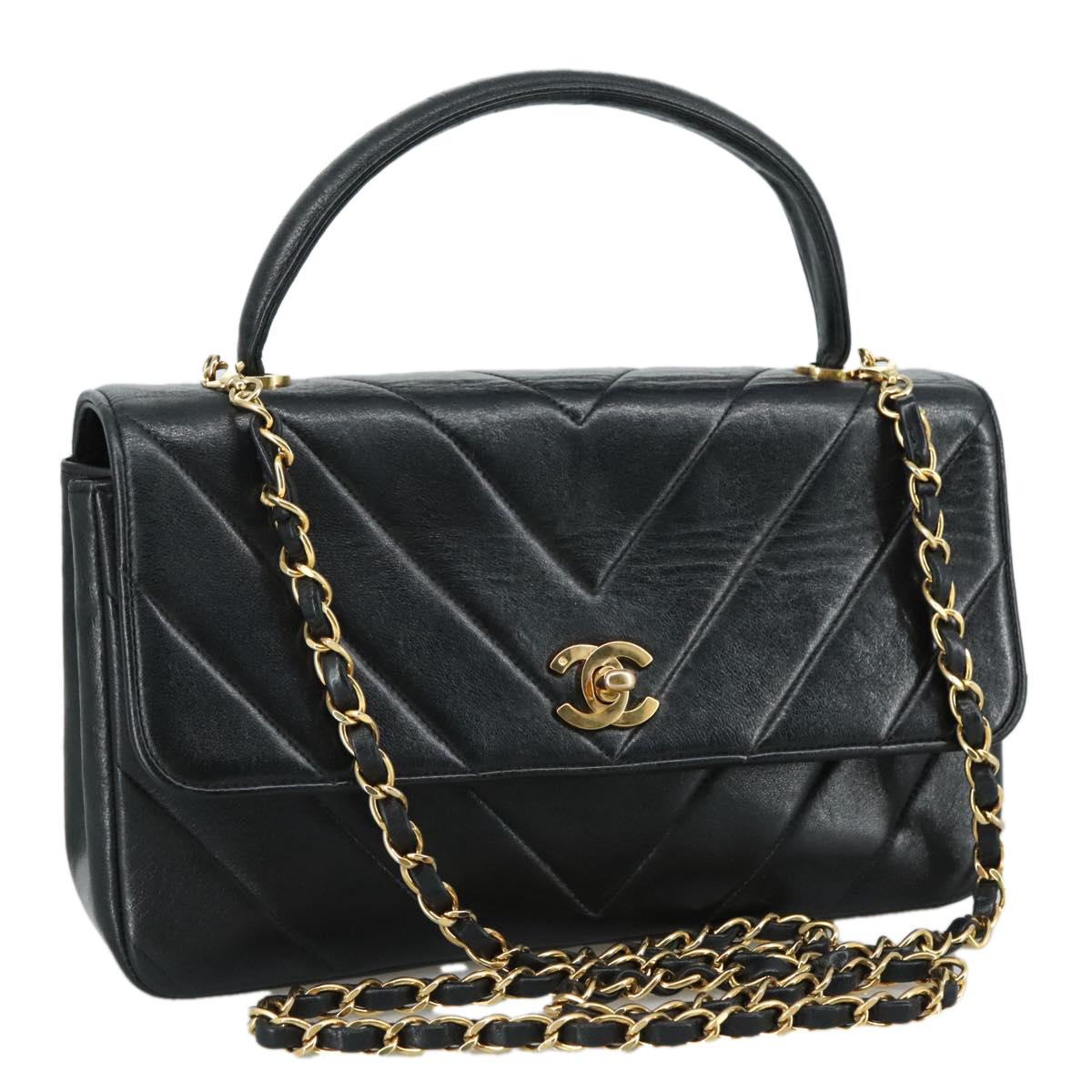 CHANEL Chain Hand Bag Lamb Skin 2way Black Gold CC Auth PP129