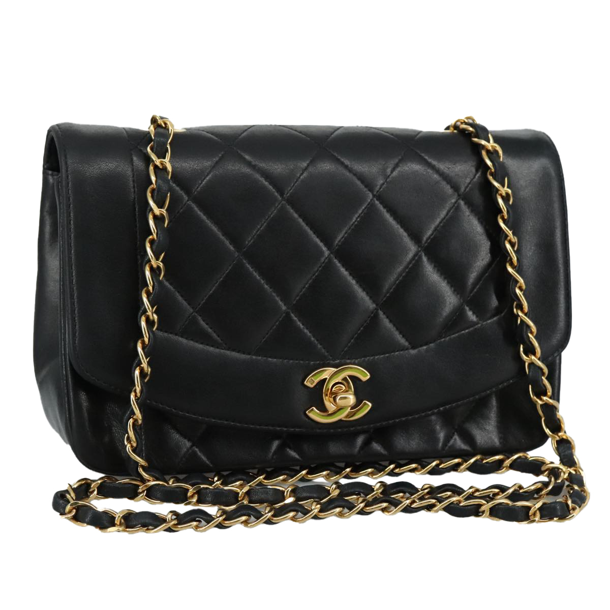 CHANEL Chain Diana Shoulder Bag Lamb Skin Black Gold CC Auth PP139