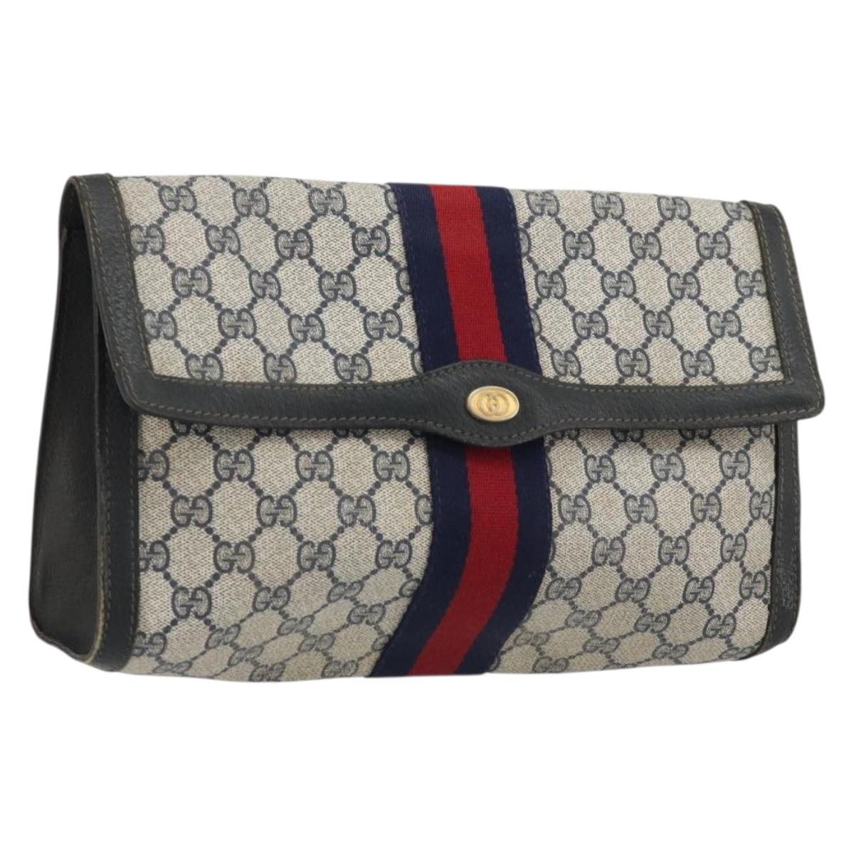 GUCCI GG Supreme Sherry Line Clutch Bag PVC Navy Gold 41 014 3087