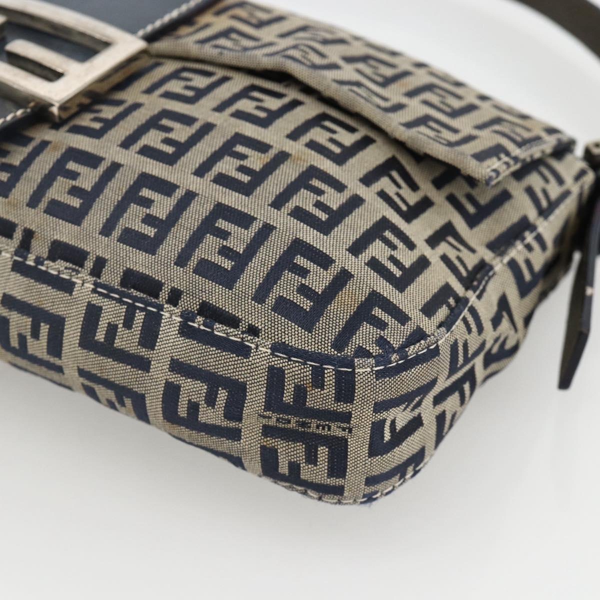 FENDI Zucchino Canvas Mamma Baguette Shoulder Bag Navy Silver Auth