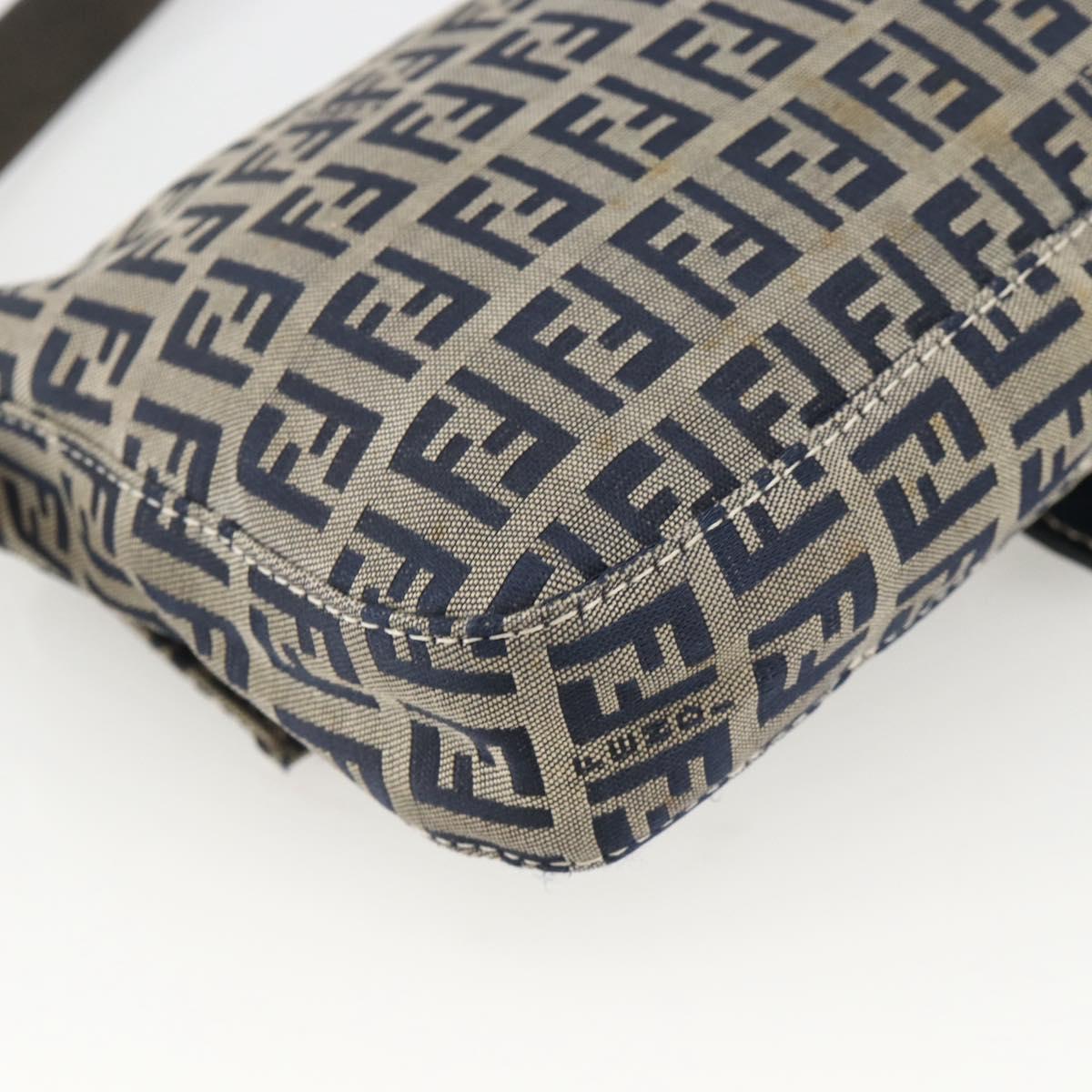 FENDI Zucchino Canvas Mamma Baguette Shoulder Bag Navy Silver Auth