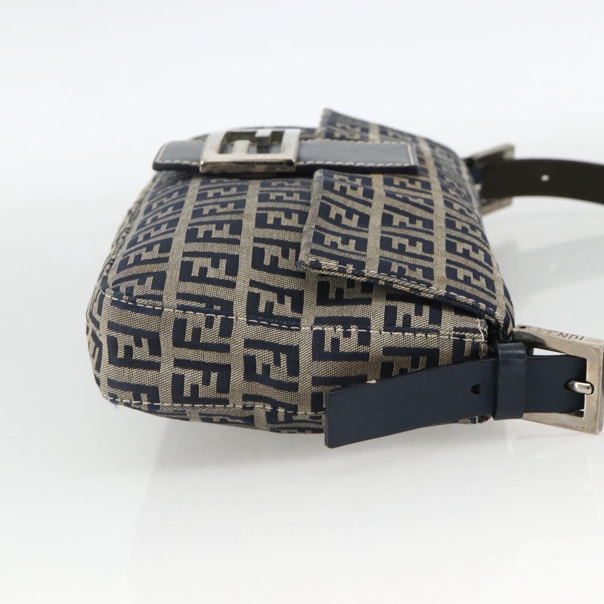 FENDI Zucchino Canvas Mamma Baguette Shoulder Bag Navy Silver Auth