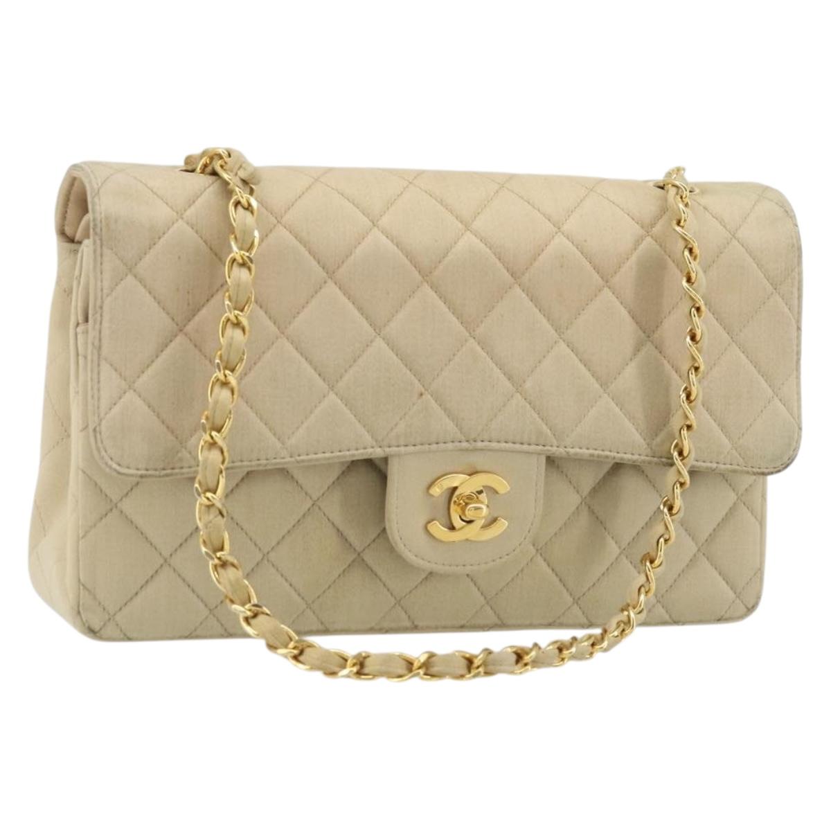 CHANEL Double Flap Double Chain Matelasse 25 Bag Satin Beige CC