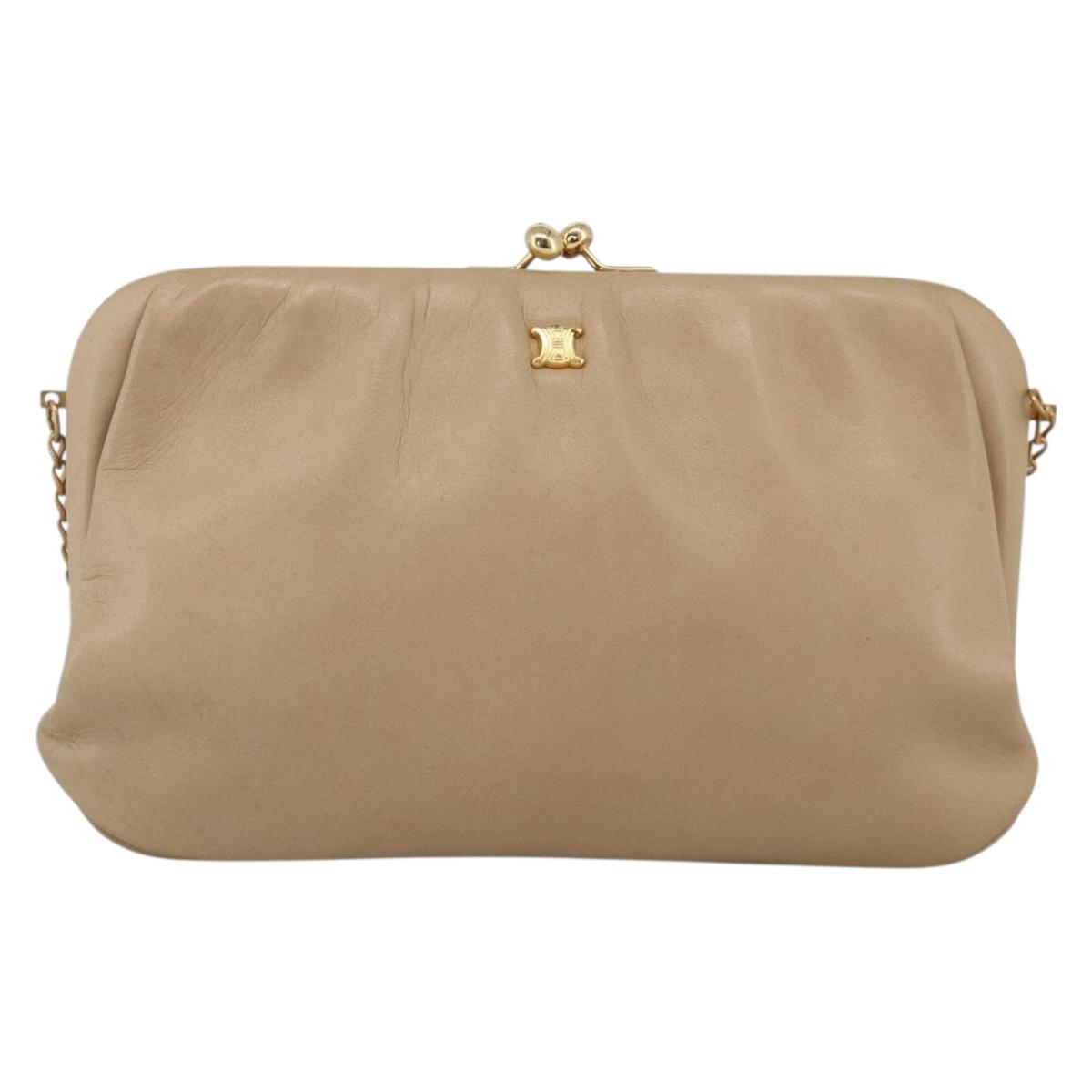 CELINE Chain Shoulder Bag Leather Beige Gold Auth YKZ364 | eBay