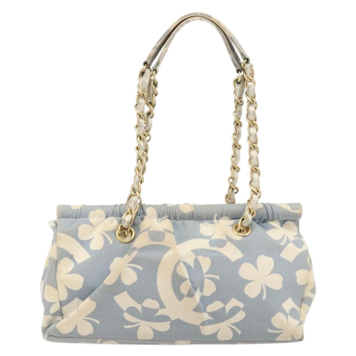 CHANEL COCO Mark Chain Shoulder Bag Canvas Light Blue Gold CC Auth