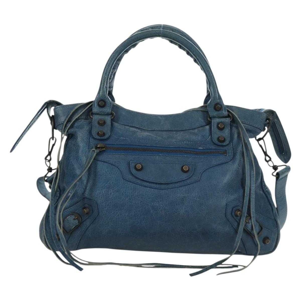 BALENCIAGA The Town Hand Bag Leather 2way Blue 240579 Auth