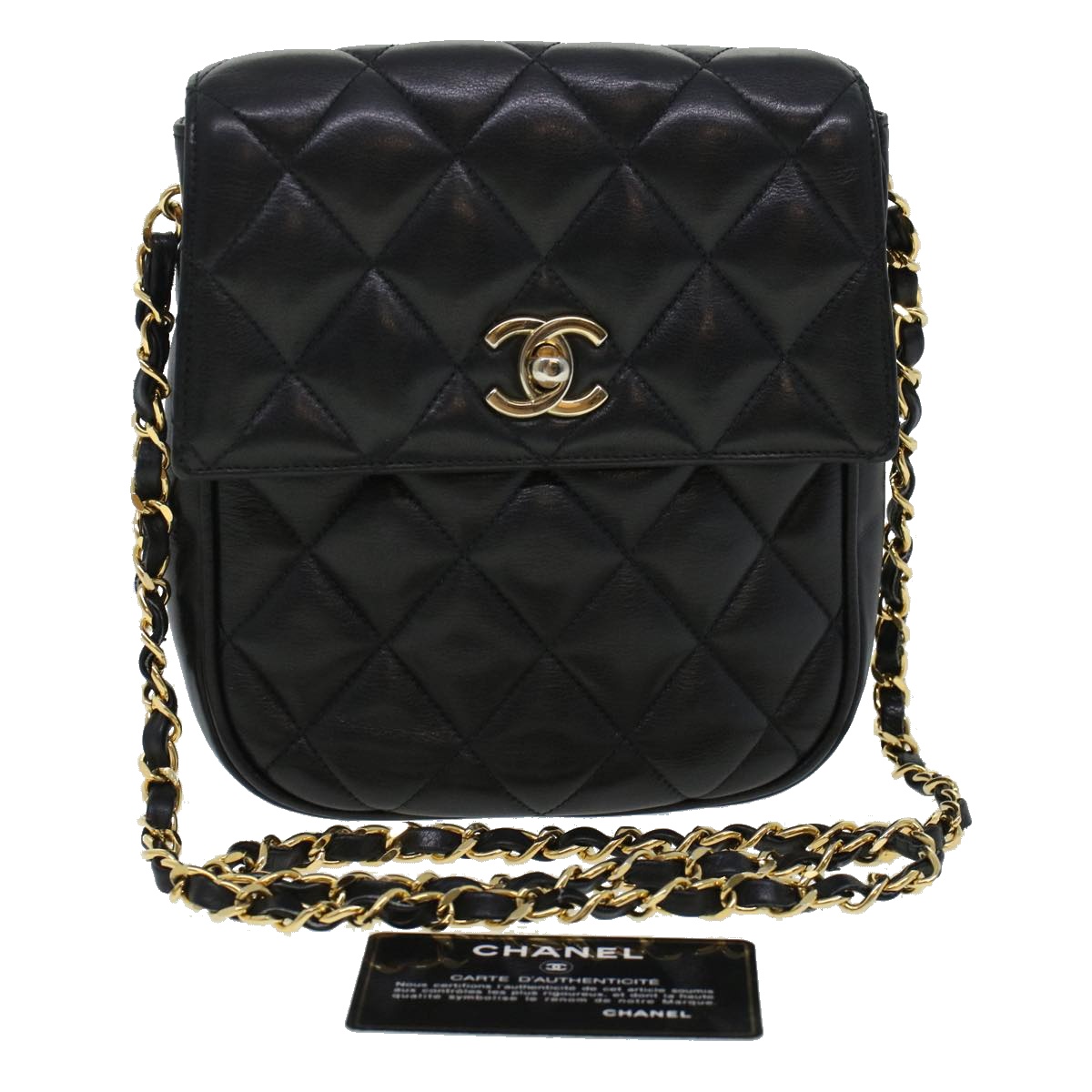 CHANEL Matelasse Turn Lock Chain Shoulder Bag Lamb Skin Black CC Auth am4542