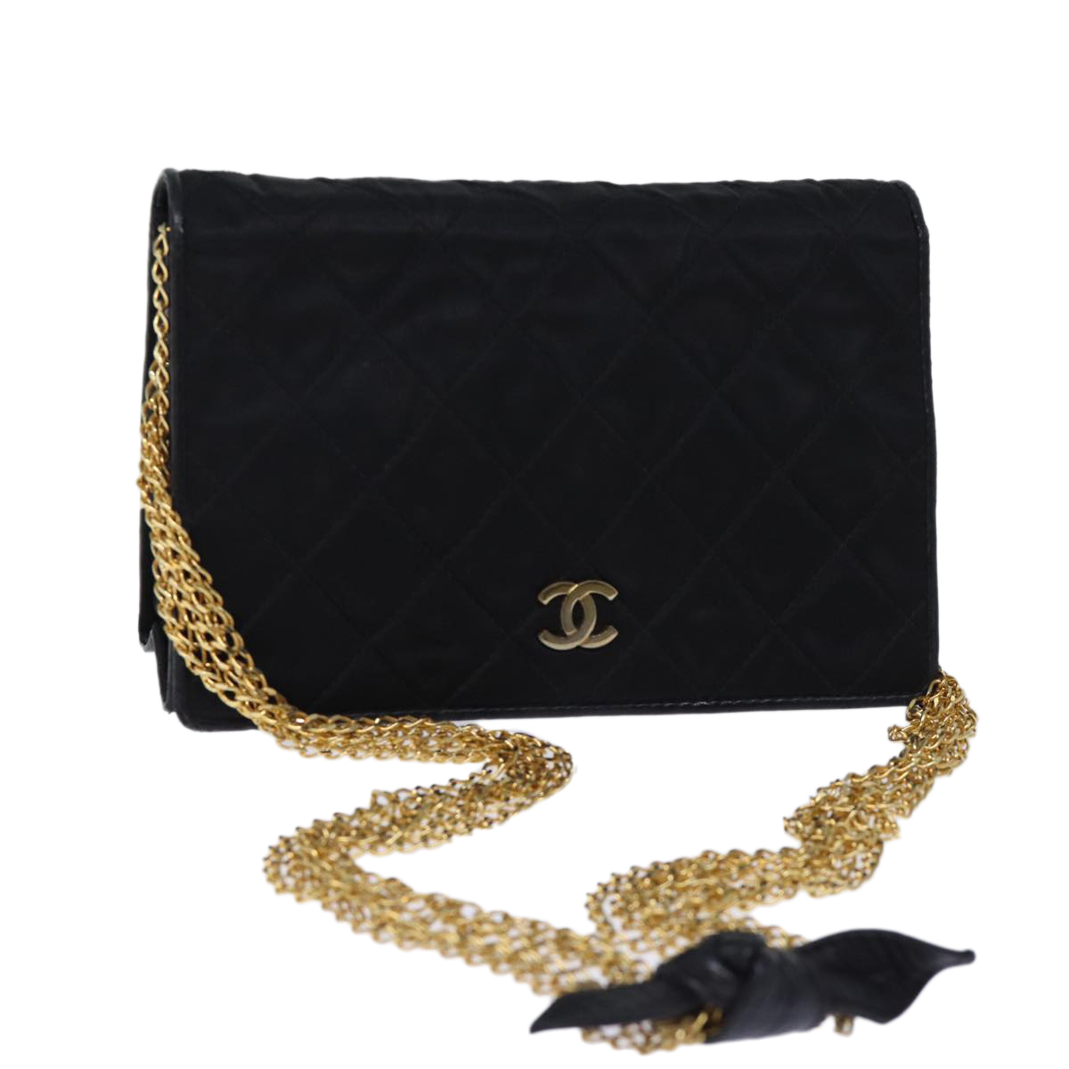 CHANEL Matelasse Chain Shoulder Bag Satin Black CC Auth am6152A