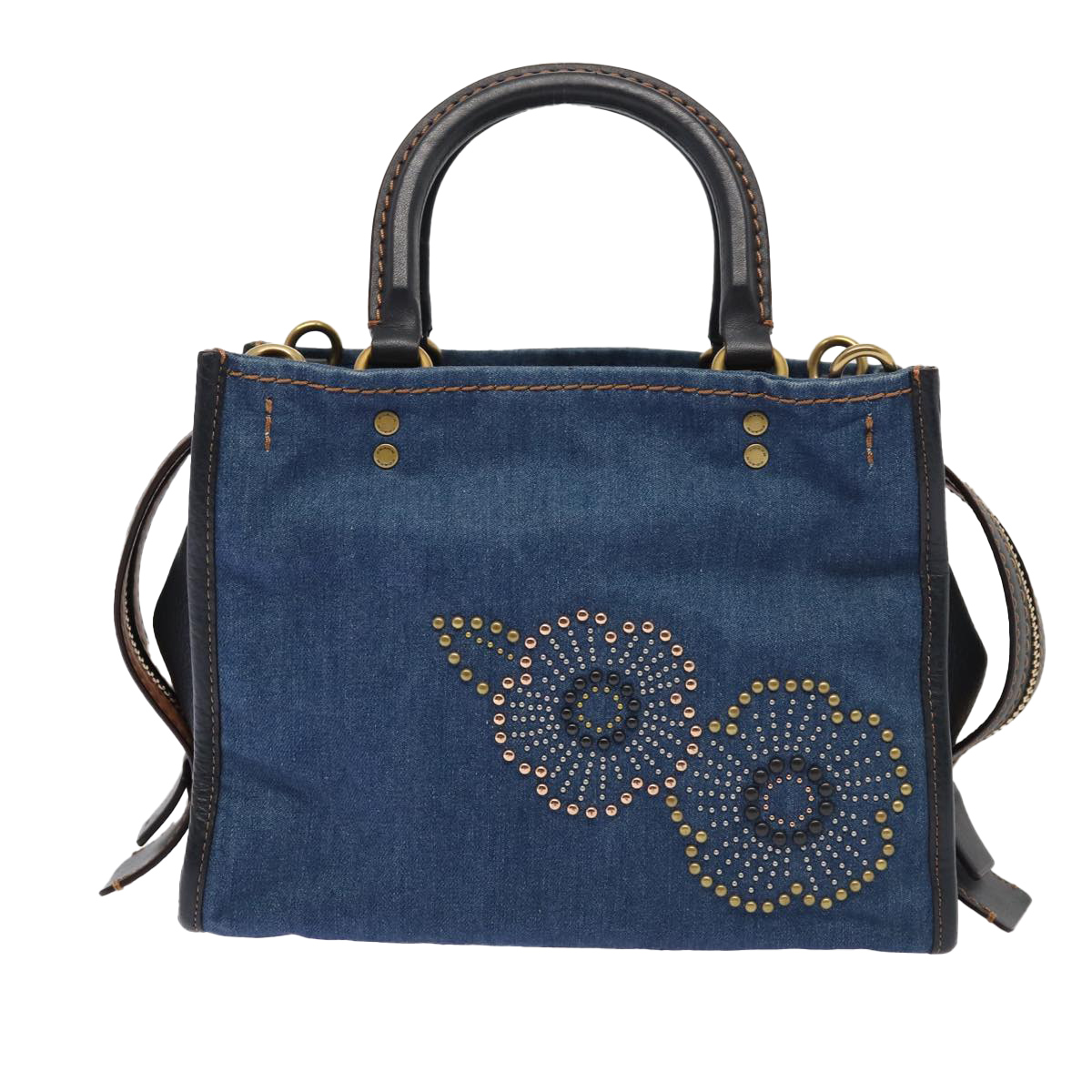Coach Tea Rose Rogue 25 Hand Bag Denim 2way Blue Gold Auth