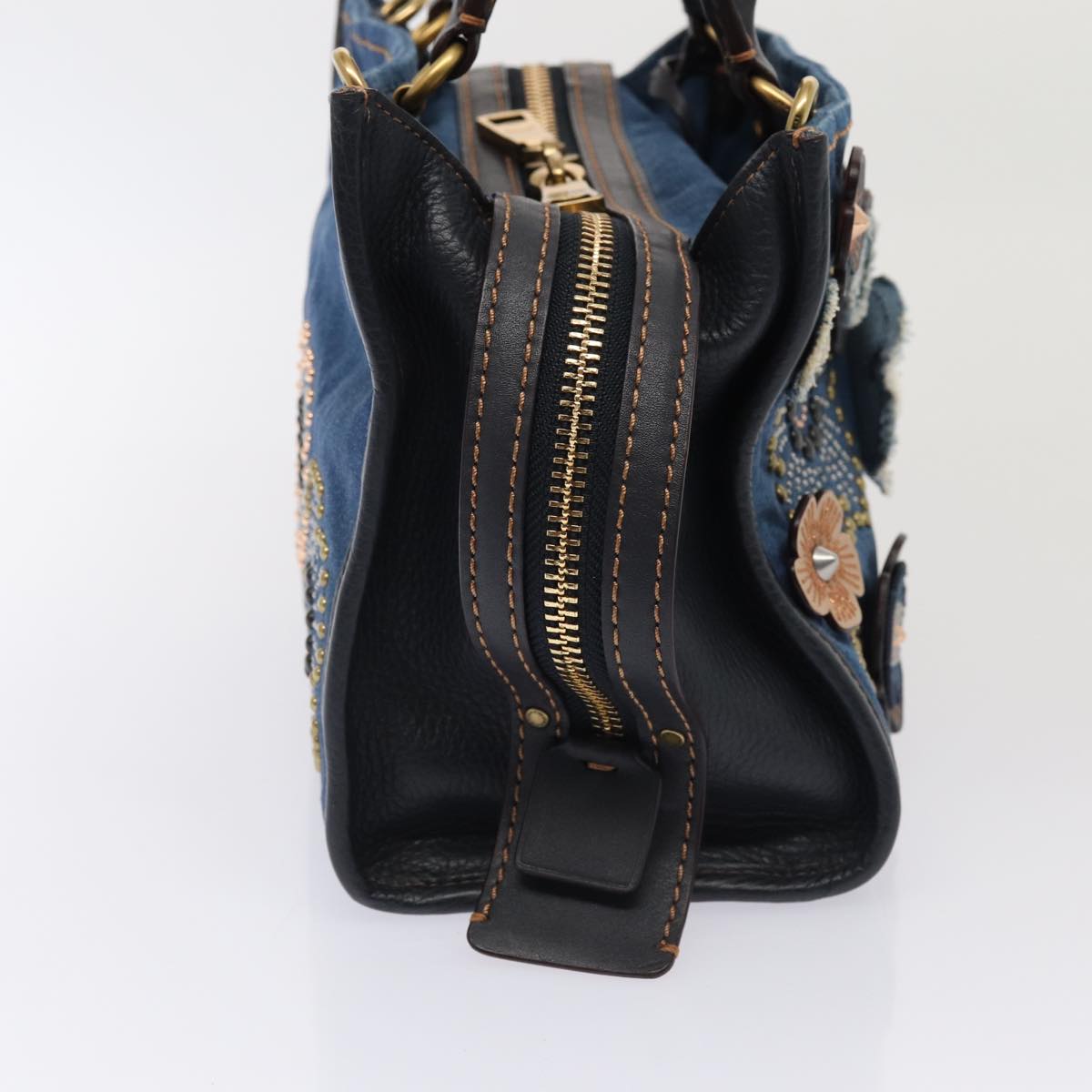 Coach Tea Rose Rogue 25 Hand Bag Denim 2way Blue Gold Auth